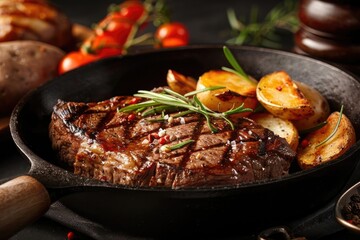 Wall Mural - Juicy grilled steak with crispy potatoes and aromatic rosemary in a black cast-iron skillet, perfect for a hearty meal.