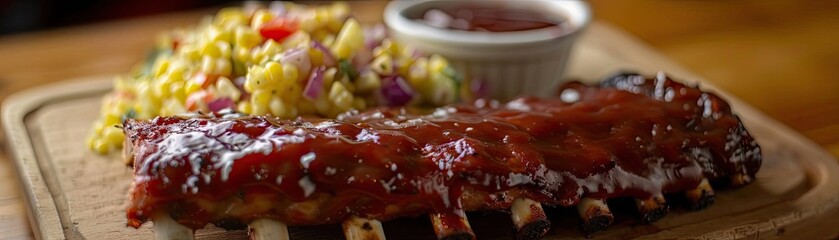 Wall Mural - Delicious BBQ ribs with a tangy sauce, served with a side of fresh corn salad on a wooden board, perfect for a hearty meal.