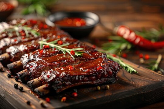 Close-up of delicious barbecue ribs garnished with rosemary and peppercorns on a wooden board, perfect for food blog or restaurant menu.
