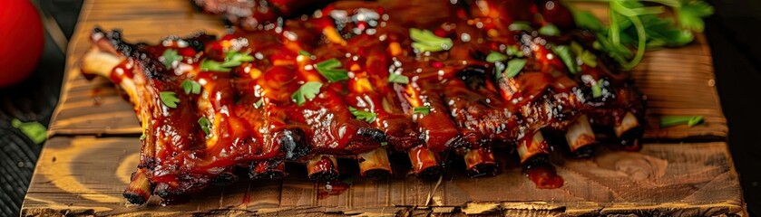 Wall Mural - Deliciously glazed, succulent barbecue ribs garnished with fresh herbs, served on a rustic wooden board. Perfect for a summer feast.