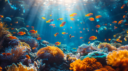 Wall Mural - Sun rays illuminating the ocean floor with a large school of fish swimming over a colorful coral reef