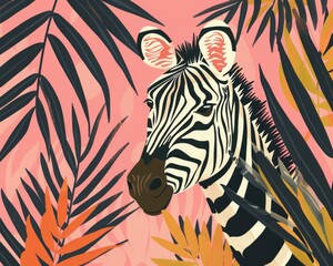 Zebra in the jungle exploring wild beauty of nature with palm leaves on pink background