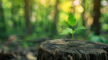 Wall Mural - a young green plant sprouting from the center of a tree stump in a forest setting