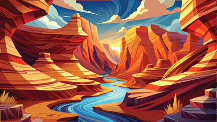 antelope canyon illustration cartoon vector background, mountain and river