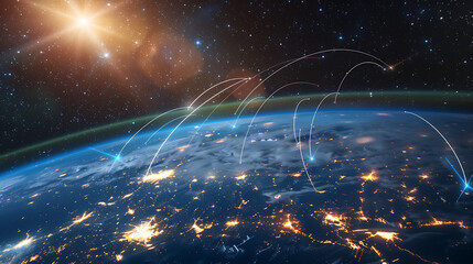 Wall Mural - a view of Earth from space, highlighting the North American continent. City lights are visible along coastlines and inland areas, with curved lines suggesting communication or travel paths