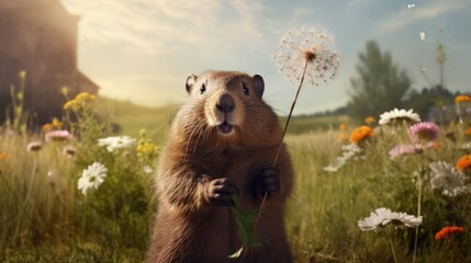 Wall Mural - A groundhog holding a dandelion