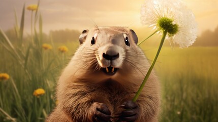 Canvas Print - A groundhog holding a dandelion