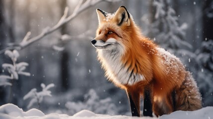 Wall Mural - A red fox with a fluffy tail 