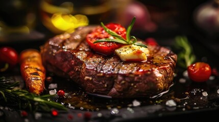 Poster - Juicy, grilled steak garnished with herbs and vegetables on a dark background. Perfect for food blogs, recipe websites, and culinary magazines.