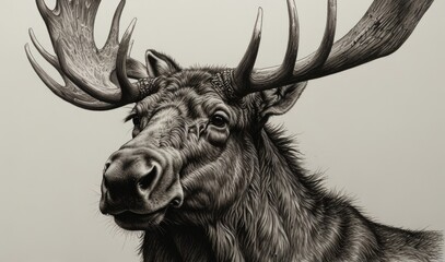 Wall Mural - pen and ink sketch, moose with antlers, white background