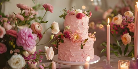 Wall Mural - Pink Floral Cake with Candles on Table Surrounded by Flowers. Concept Floral cake, Birthday celebration, Cake decoration, Party dessert, Festive table setting