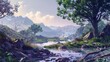 © Jelena - serene landscape with trees and rocks peaceful nature scenery digital painting