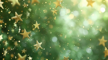 Wall Mural - shimmering gold stars scattered on a soft green blurred background festive holiday greeting card template