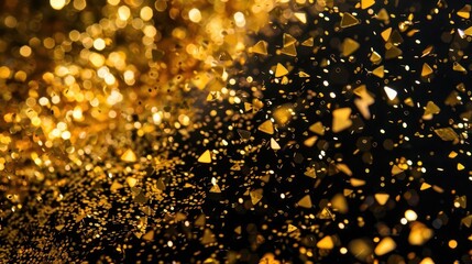 Wall Mural - shimmering golden confetti on black background festive spotlight effect for product display