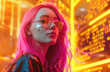 Wall Mural - an attractive woman with pink hair and glasses, standing in front of computer code on the wall behind her, wearing futuristic , vibrant colors