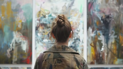 Wall Mural - Back of an adult woman looking at a modern art painting in a gallery. Generative AI