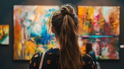 Wall Mural - Back of an adult woman looking at a modern art painting in a gallery. Generative AI