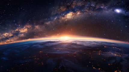 Wall Mural - panoramic view of the earth and galaxy with stars