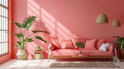 A cozy living room decorated in warm pink hues, with minimalist furniture and decor creating a comfortable and welcoming ambiance. The image provides ample copy space for customization.