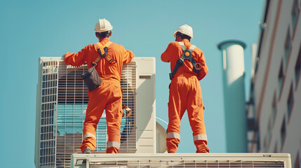 Poster - 2 men in orange jumpsuit with safety helmet standing on each others shoulder to install 1 unit of airconditioner, rear view, vertical