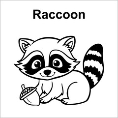  Kawaii raccoon black and white outline for coloring. cute coloring book animals. cute raccoon colouring page for kids illustration vector EPS 