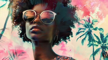 stylish african american woman in tropical beach photo collage art