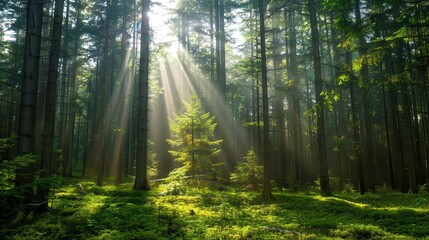 Wall Mural - sunlight filtering through towering green trees in mystical forest serene nature landscape