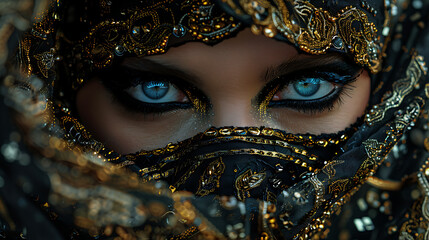 Wall Mural - The image depicts a person with striking, piercing blue eyes, accentuated by dark eyeliner and eyeshadow. The lower half of theperson's face is covered by a mask with elaborate gold
