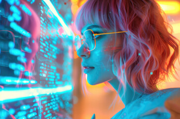 Wall Mural - an attractive woman with pink hair and glasses, standing in front of computer code on the wall behind her, wearing futuristic , vibrant colors