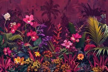 lush botanical garden with exotic flowers in full bloom against a deep crimson background hyperrealistic detail and vivid color contrast