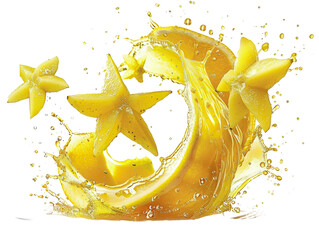 A splash of yellow fruit juice with starfruit pieces.