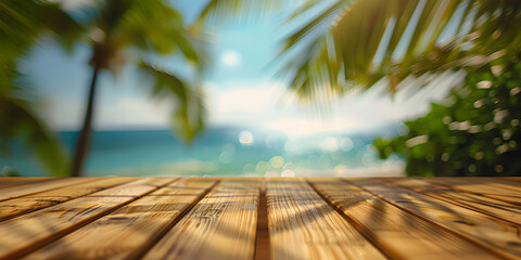 Wall Mural - Natural bamboo surface with a soft-focus background of a tropical beach, suitable for promoting summer cocktails or tropical drinks