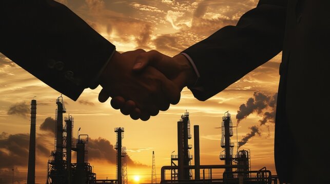 Two men shaking hands in front of a large industrial plant. Scene is professional and serious