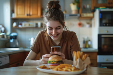 Wall Mural - Young woman eating a burger and fries in the kitchen at home, wearing a brown shirt sitting at the table with her phone