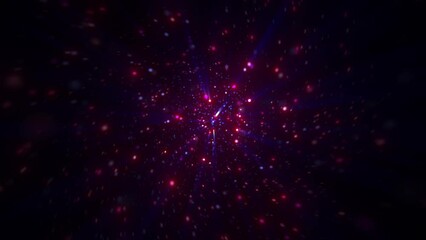 Poster - Abstract bright purple glowing background with flying dots circles bokeh energy particles and light rays, video in high quality 4k, motion design