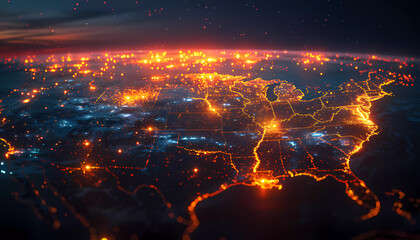 Wall Mural - The Heartbeat of Data, Abstract representation of North America with glowing pulses emanating from strategic locations, major data center hubs