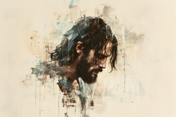 Sticker - Contemplative portrait of Jesus Christ with artistic brushstrokes.