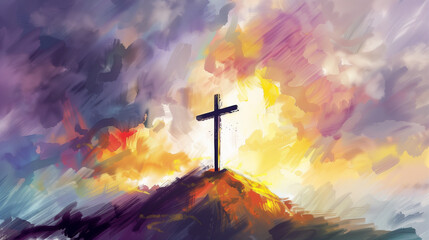 Wall Mural - Cross on Hill with Colorful Sky in Abstract Style	