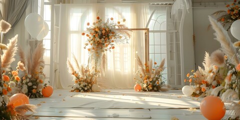 Wall Mural - Elegant Boho Wedding Arch with Pampas Flowers and Balloons in a White Room. Concept Wedding Arch Decor, Pampas Flowers, Balloons, Boho Style, Elegant White Room