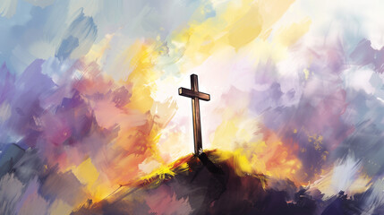 Wall Mural - Cross on Hill with Colorful Sky in Abstract Style	