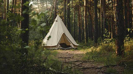 a cozy tent nestled in a tranquil forest clearing.