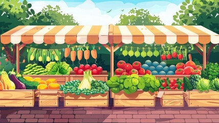  Vibrant street market stall with a variety of fresh fruits and vegetables under an awning.