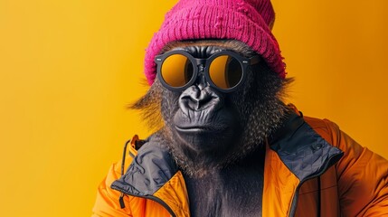 Wall Mural - Image of stylish Gorilla in trendy sunglasses and outfit looking at camera against two colored background, Copyspace