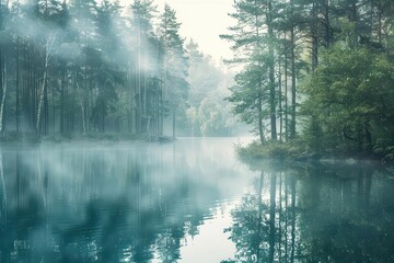 Wall Mural - mystical forest scene dense fog hovers over tranquil waters surrounded by towering trees ethereal atmosphere muted colors soft lighting