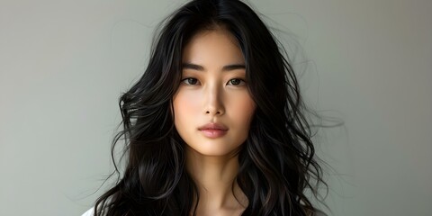 Poster - Portrait of a Young Asian Woman with Long Wavy Black Hair and Flawless Skin. Concept Asian Woman, Portrait, Long Hair, Flawless Skin, Wavy Hair