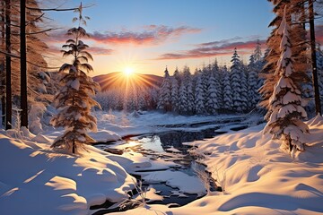 Wall Mural - winter landscape with trees and sun
