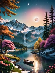 Beautiful landscape, trees, flowers, a sunset and a moon, mountains with snow on top, there is a small lake down below, a boat, waterfall, lovely colors, romantic, nature at its best