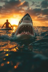 Poster - A shark is swimming in the water with a person on their surfboard. AI.