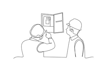 Single one line drawing of two technicians are repairing damage to the electrical unit. Home repair, maintenance and plumbing services. Handyman concept. Continuous line draw design vector illustratio