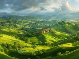 Canvas Print - A green hills with a house in the middle of them. AI.